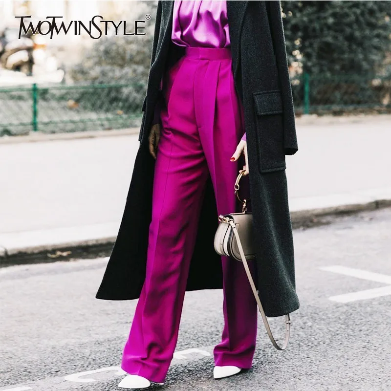 

TWOTWINSTYLE Long Pants Female High Waist Solid Straight Trousers For Women Large Size Casual Fashion 2020 Spring Clothes New
