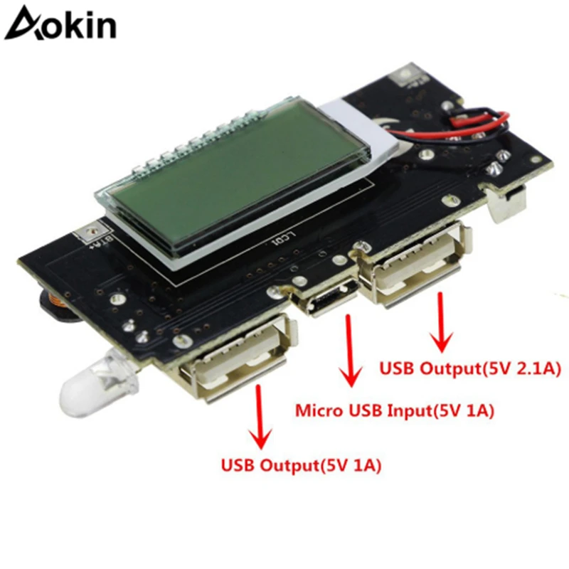 

Aokin Dual USB 18650 Battery Charger PCB Power Module 5V 1A 2.1A Mobile Power Bank Accessories For Phone DIY LED Module Board