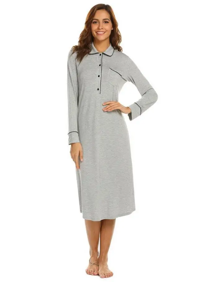 sleep Waist 88cm Height Turn-down Collar Hip Button Long Solid Women 59cm Loose 176cm Night Nightdress Sleeve 90cm Bust | Женская одежда