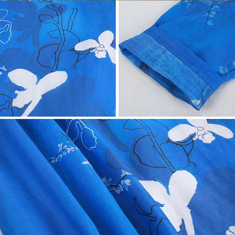 

LZJN 2019 Women's Spring Autumn Linen Floral Dress Positioning Printing 3/4 Length Sleeve O-Neck Dresses