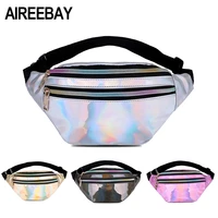 aireebay holographic fanny pack women silver laser bum bag travel shiny waist bags fashion girls leather hologram hip bag