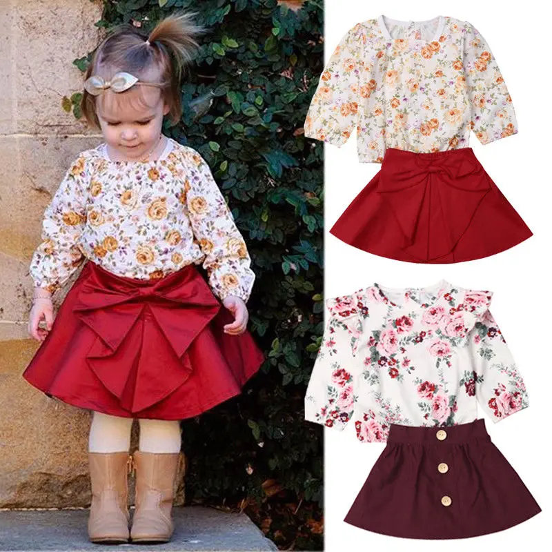 0-5Y Toddler Kids Baby Girl Floral T-shirt Tops A-line Skirt 2PCS Outfits Princess Girls Pageant Party Clothes Set | Детская одежда и