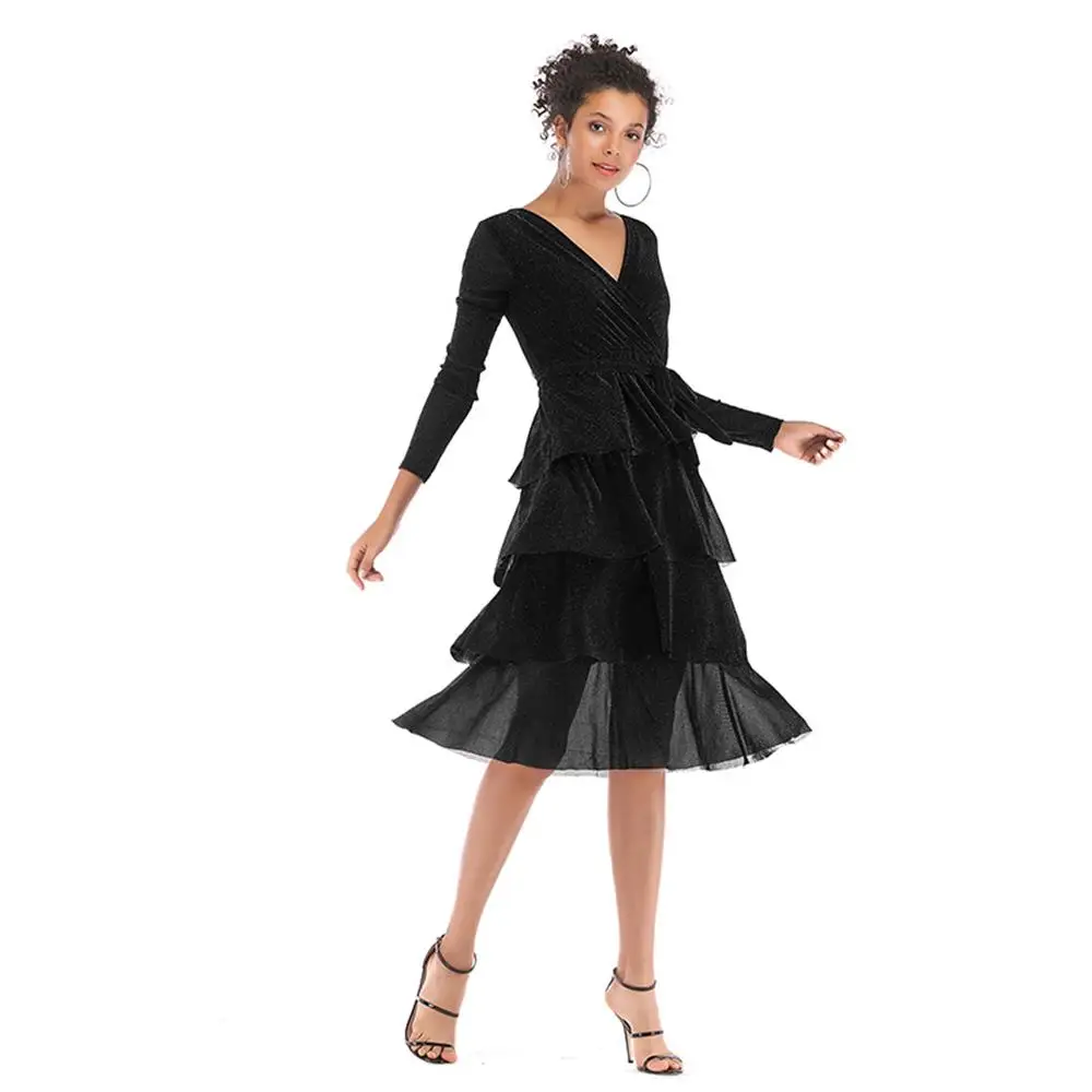 2019 women's short dress ball gown cascading ruffle ladies spring autumn V-neck tie cake dresses waist long-sleeved female | Женская