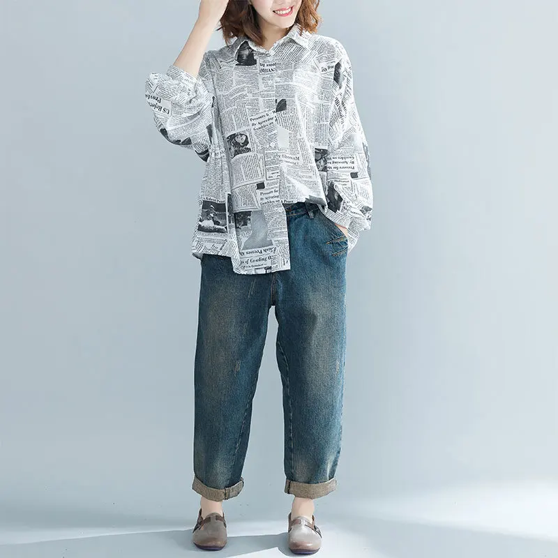 BUYKUD Spring Autumn Cotton and Polyester Shirt Casual Women Long Batwing Sleeve Printing Turn-down Collar Middle Length |