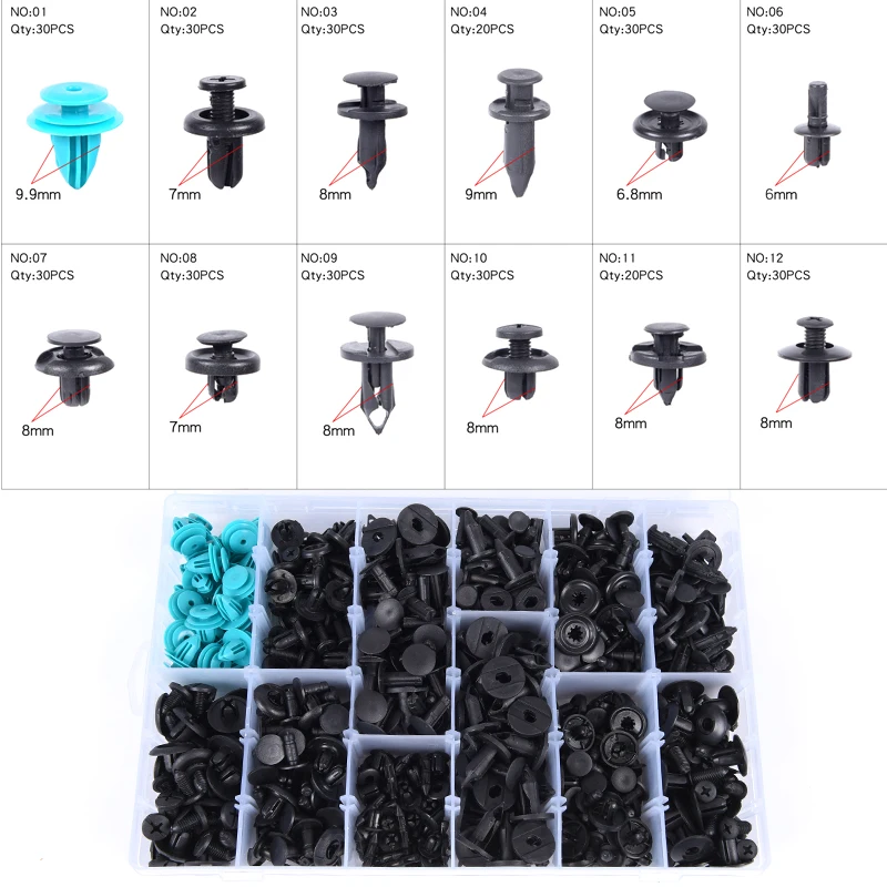 

340PCS 6mm-10mm Hole Car Fastener Box Packed Automobile Fender Bumper Nylon Rivet Clips Fastener for Honda Toyota Audi