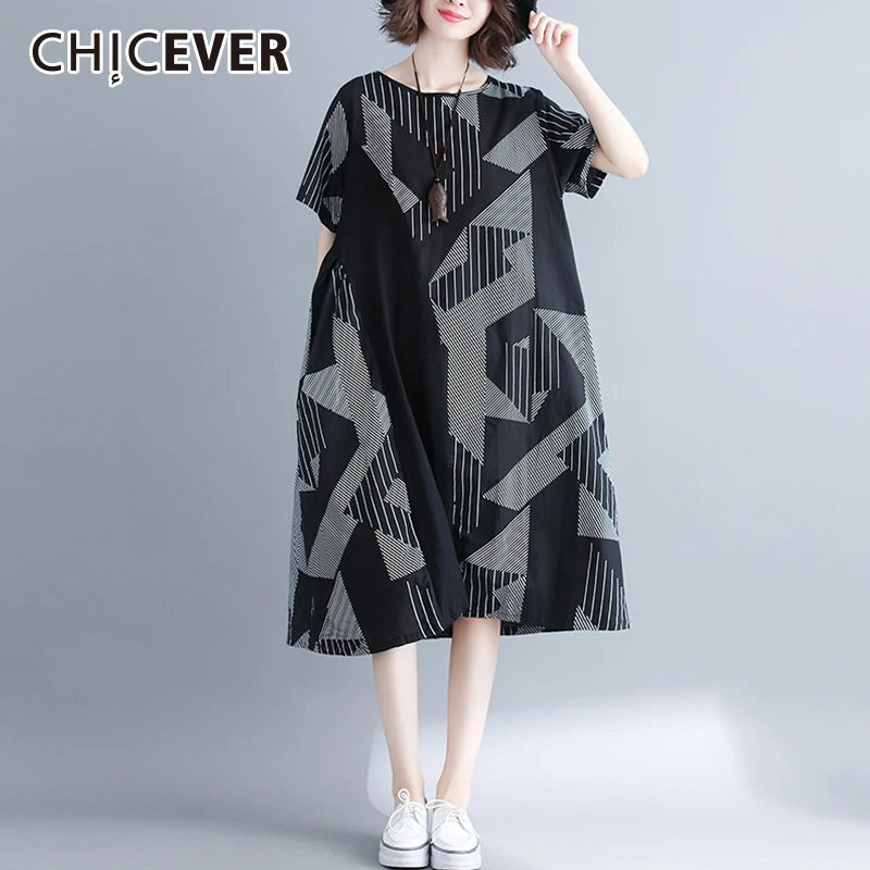 CHICEVER черное летнее платье для женщин с коротким рукавом свободное О образным