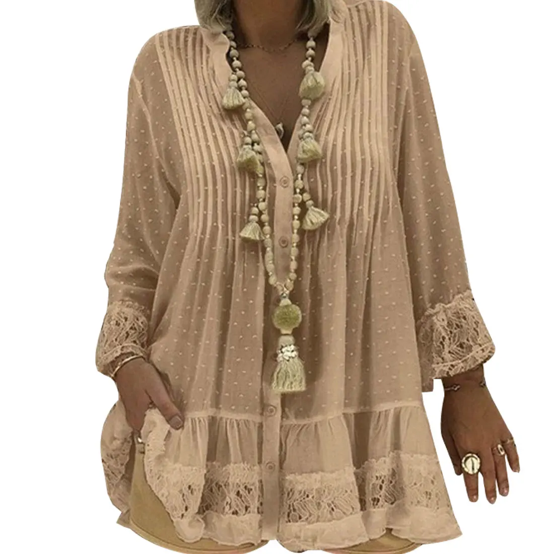 

2021 Large Size 4xl 5xl Summer Clothing Lace Shirts Loose Chiffon Dress Loose blouse shirt Sleeve V-Neck Shirt Female Blouses
