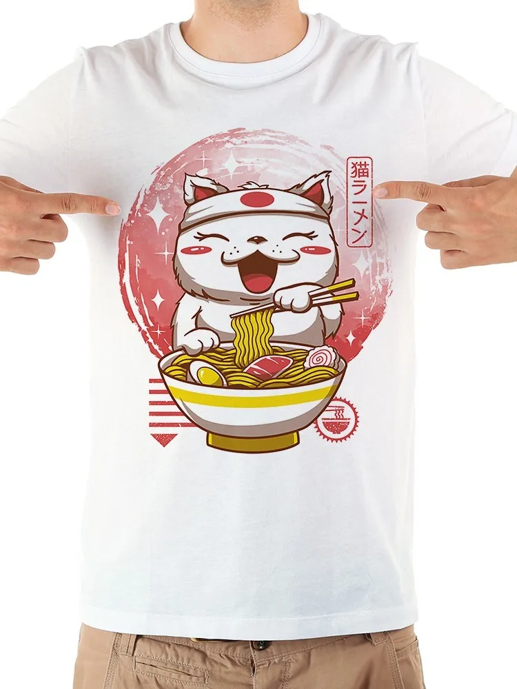 

Забавная Мужская футболка с японским аниме, кошкой, Неко, рамен, новинка, белая Повседневная крутая Мужская футболка с коротким рукавом jollypeach