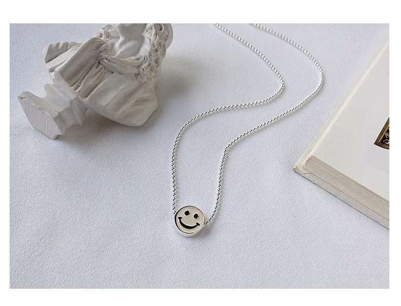 S925 Sterling Silver Necklace Female Cartoon Cute Expression Smiling Face Round Bead Smile Pendant Jewelry Gifts | Украшения и