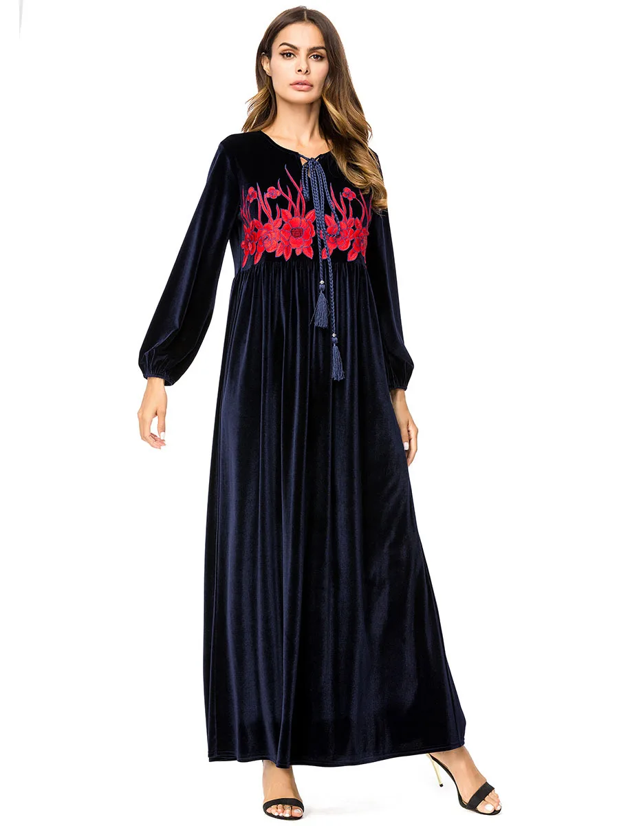 Вышивка мусульманский abaya стеганый Халат золото бархат с длинными рукавами