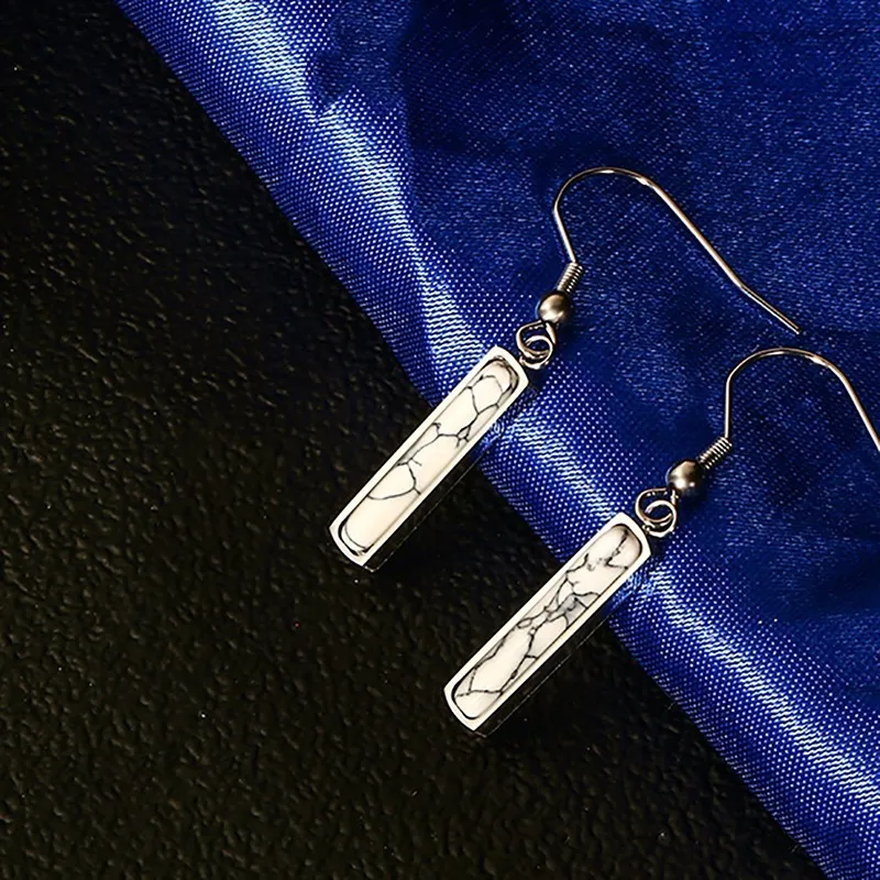 RIR Stainless Steel Gold Outline Rectangle White Marble Drop Earrings Natural Artificial Stone Ladies Jewelry | Украшения и