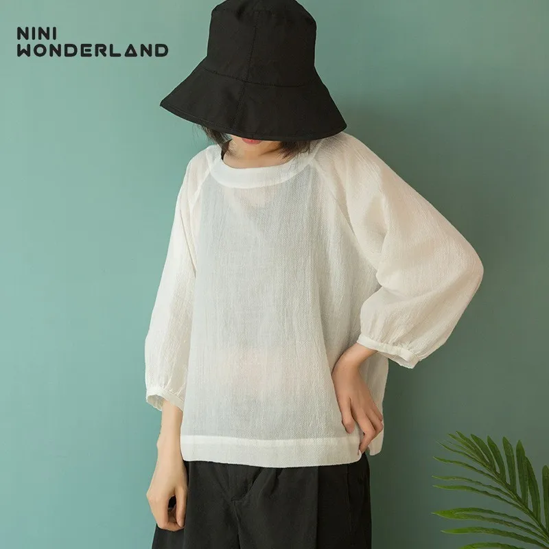 NINI WONDERLAND летняя хлопковая льняная футболка для женщин тонкие свободные