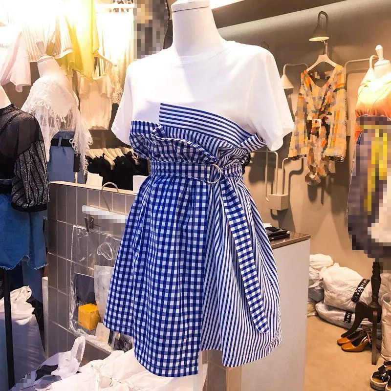 Летнее Повседневное платье из двух частей с коротким рукавом и принтом в клетку