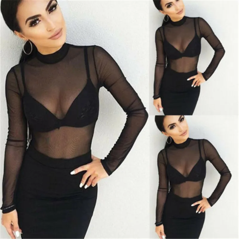 Модные женские футболки Прозрачный Топ с длинным рукавом Клубная одежда Тюлевая