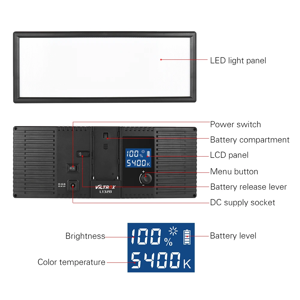 Viltrox L132B Регулируемый 1082LM ультра тонкий 5400K светодиодный видео свет заполняющий