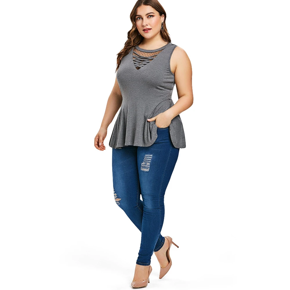 Plus Size Criss Cross Peplum Women Tank Top | Женская одежда