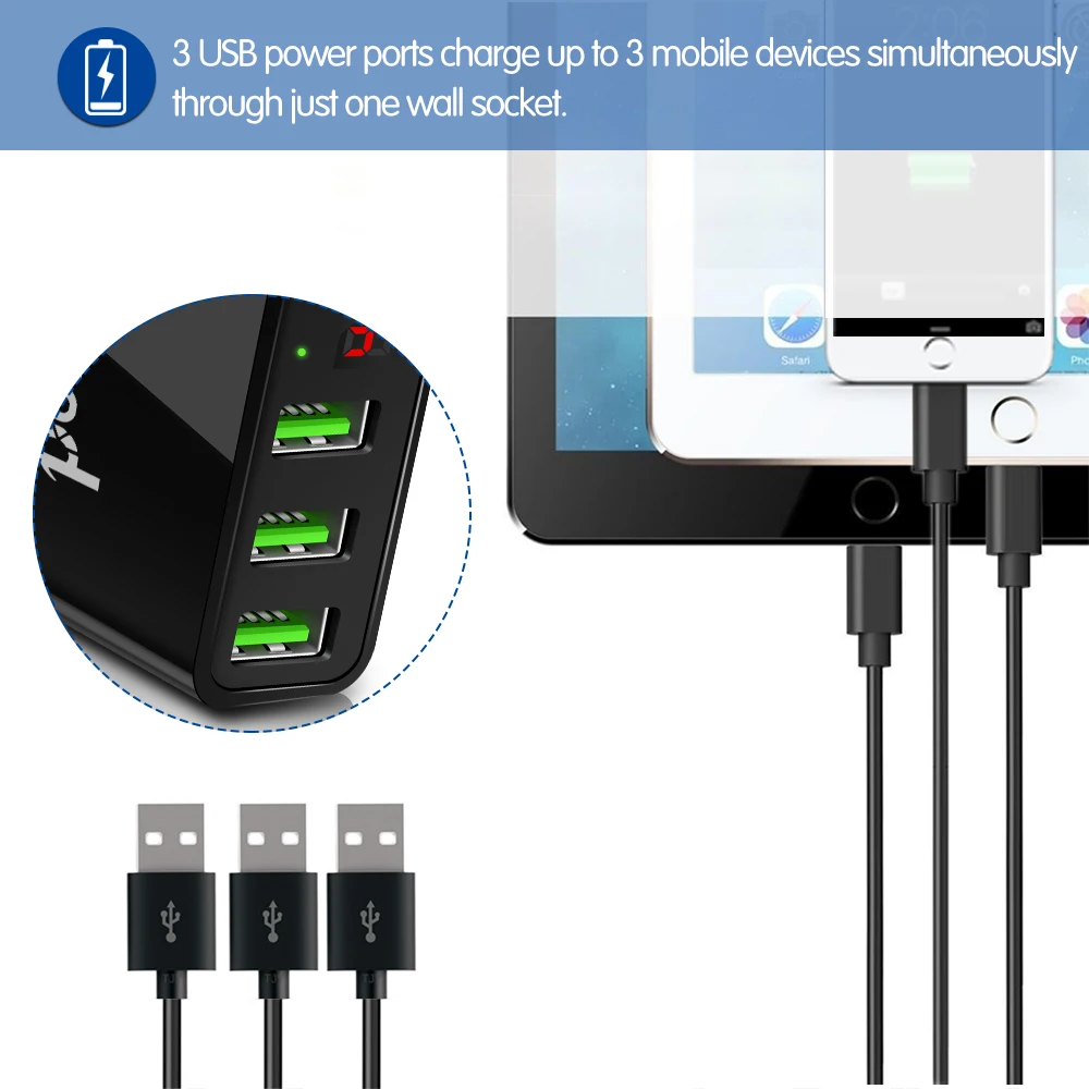 Powstro 5V 3A зарядное устройство для мобильного телефона 3 USB настенное дорожный