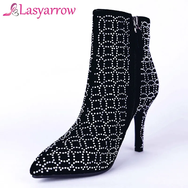 

Lasyarrow Women Boots Suede Leather Stiletto Ankle Boots for Women Fashion Pointed Toe Sexy Thin High Heel Ladies Shoes Crystal