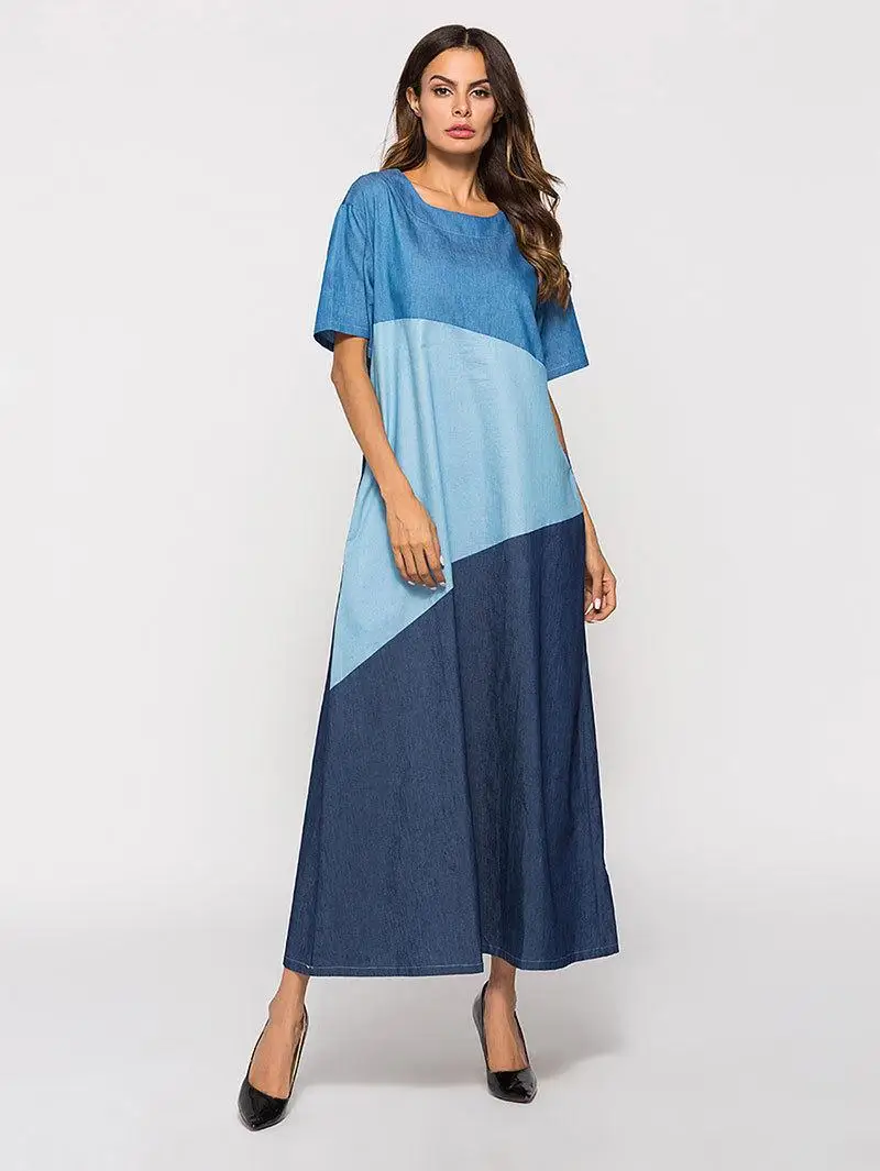 Женское мусульманское джинсовое платье в стиле пэчворк летнее макси с короткими