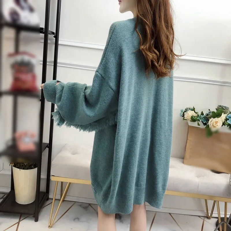 CHICEVER Knitted Sweater V Neck Patchwork Tassel Lantern Sleeve Loose Hollow Out Irregular Pullovers Tops Female Fashion Tide | Женская