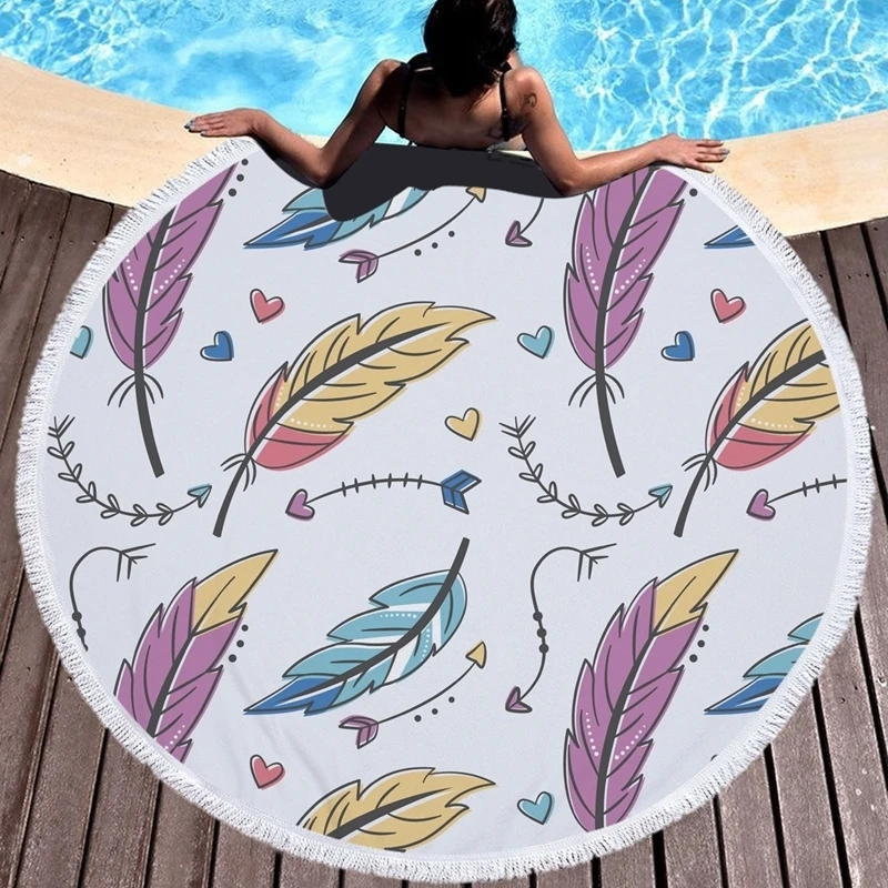 Colorful Feather Round Beach Towel Printed Microfiber With Tassels Travel Tapestry Bath Towels Bohemian Home Decor Kids Play Mat | Дом и сад