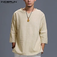 incerun chinese style mens shirts long sleeve folded v neck plain tee shirt loose fit cotton tops man camisas masculina clothing