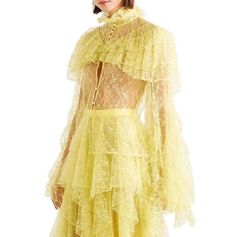 2019 Runway вышивка Для женщин костюм с расклешенными рукавами полупрозрачный Топ