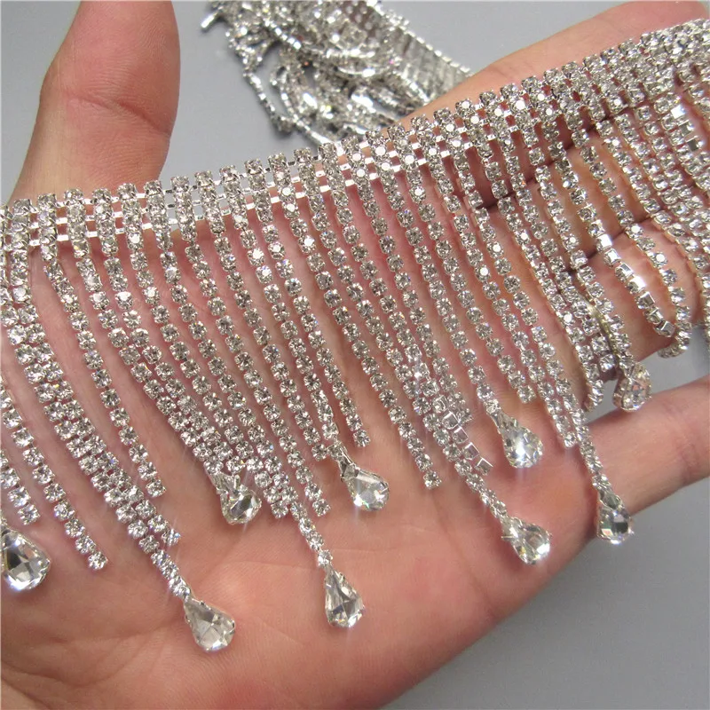 1 ярд/Лот Bling кисточкой цепь со стразами танец Серебряная чашечная шитье на