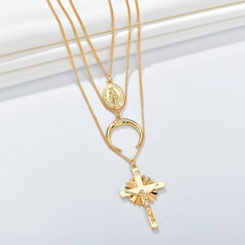 Gold Color Cross Rose Pendants Neckalces For Women Girls Multi Layer Flower Choker Necklace Long Beaded Chain Moon Chokers | Украшения и