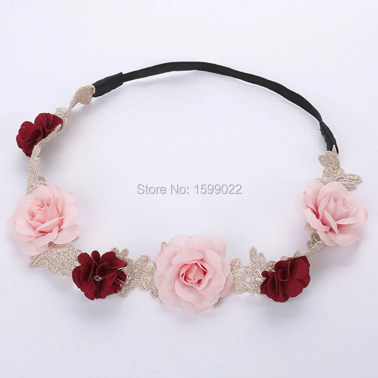 Flower Crown Headband Woman Girl Bridal Floral Lace Pink Burgundy Flowers Hair Accessories Elastic Wedding Head Garland| |