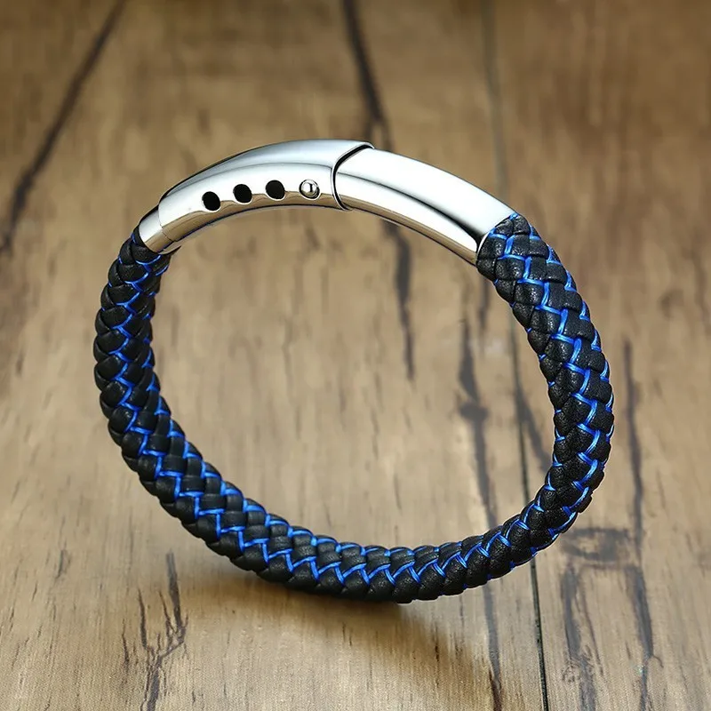 Стильные мужские браслеты с плетеной синей и черной натуральной кожей pulseira masculina