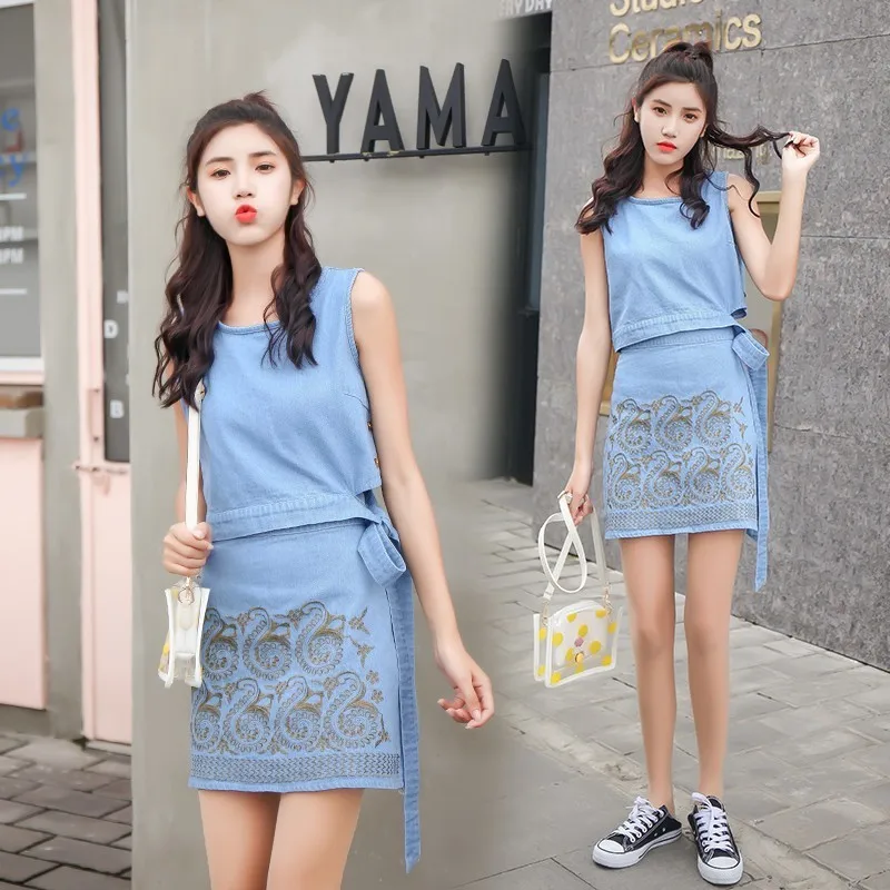 Новинка лета 2019 женские костюмы повседневные джинсовые топы без рукавов с бантом