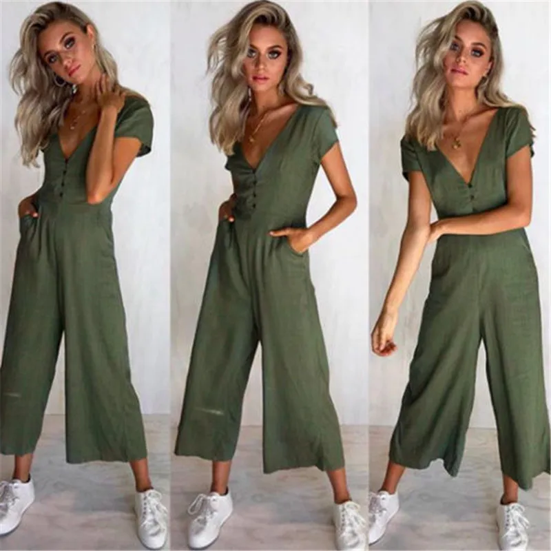 Office Lady Womens Playsuit 4Color Deep V Neck Slim Solid Bodysuit Party Jumpsuit Romper Chiffon Long Wide Leg Trousers Clubwear | Женская