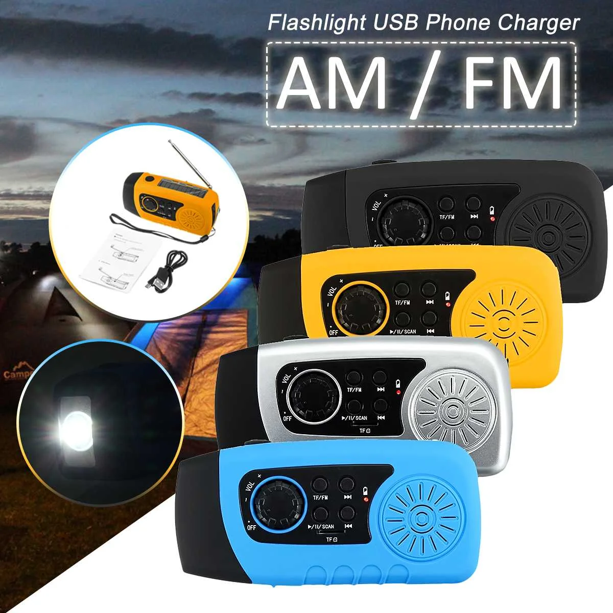 3 цвета радио фаслайт с питанием от солнечной панели радио рукоятка AM/FM 5 светодиодный фонарик USB зарядное устройство для телефона