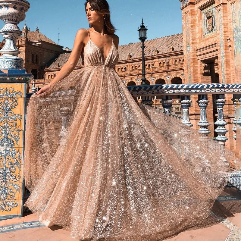 Fuedage летнее сексуальное платье с блестками и v образным вырезом женское на