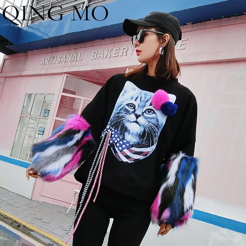 QING MO осенний Женский пуловер с рисунком из мультфильма Толстовка черная кошка