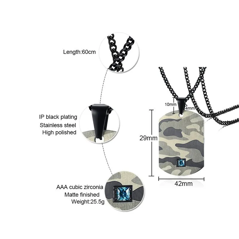 Dogtag Подвеска из нержавеющей стали Камуфляж синий кубический циркон CZ камень