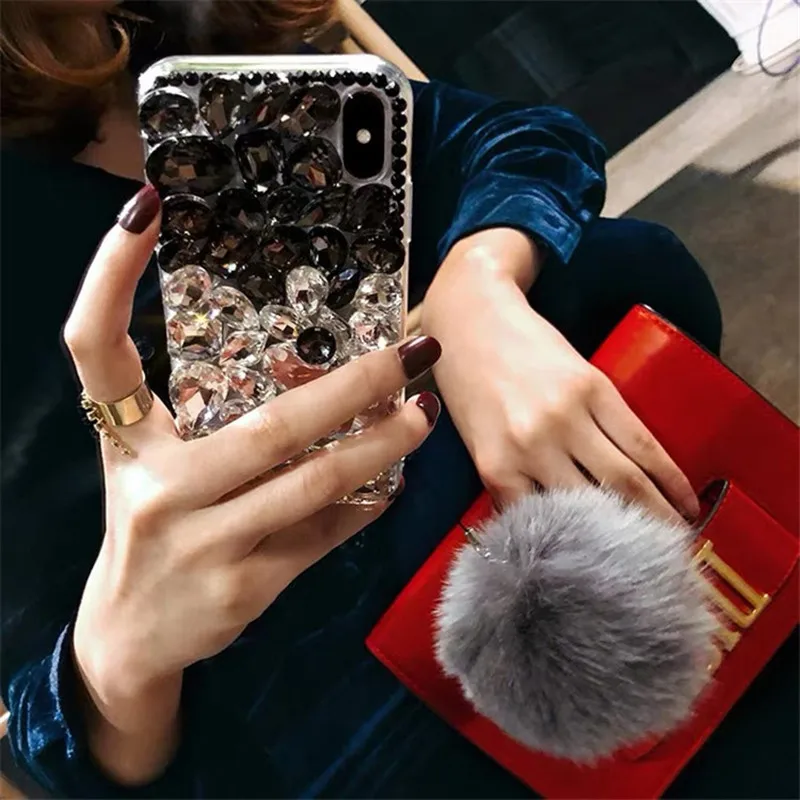 Lovebay Luxury Woman Shiny Case With Shell Hair Ball For iPhone X 8 7 6 6S Plus XR XS MAX Mobile Phone Holder Diamond Stone Capa |