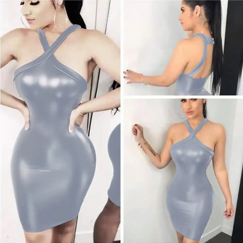 Fashion Brand Newest Sexy Women PU Leather Wet Look Bodycon Party Clubwear Midi Short Dress Solid Spaghetti Strap Hot Dresses | Женская