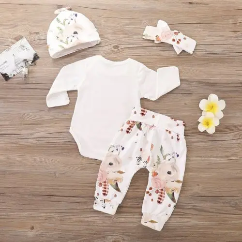 4PCS Brand New Winter Infant Baby Girls Clothes Long Sleeve Letter Print Romper Tops+Floral Pants+Headband+Hat Clothing Sets |
