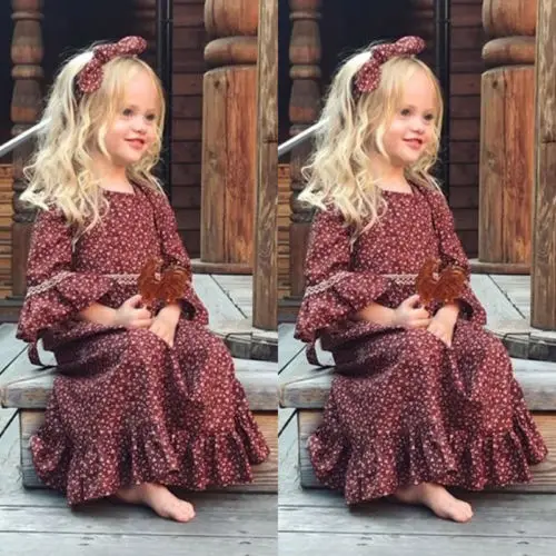 2018 Summer Baby Kid Girls Flare Sleeve Print Dress Party Pageant Princess Headband Fashion Clothes Set 1-5T | Детская одежда и