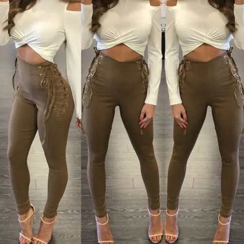 Womens Long Slim Solid High Waist Black Khaki Pants Trousers | Женская одежда