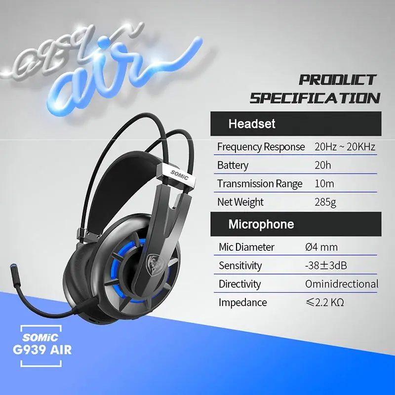 SOMIC G939Air виртуальная игровая гарнитура 7 1 для геймеров беспроводные наушники со