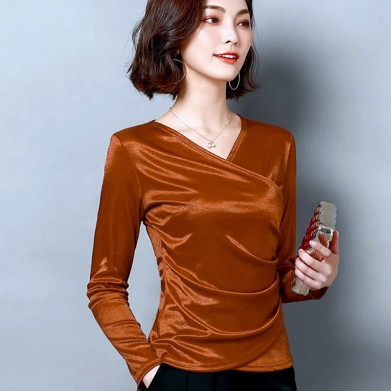 Весенняя футболка Женская Корейская одноцветная тонкая с v-образным вырезом