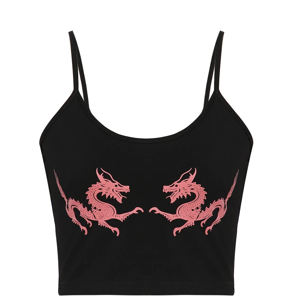 2019 Fashion Summer Women Casual Dragon Print Sleeveless Camisole Sexy Spaghetti Strap Backless Crop Top Chinese Style Street c | Женская