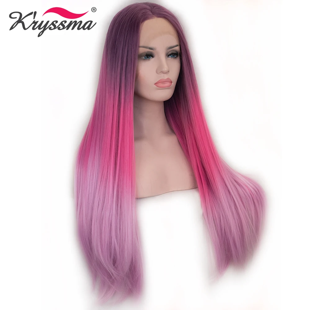 Kryssma длинный прямой Омбре парик Розовый Красный темные корни синтетический