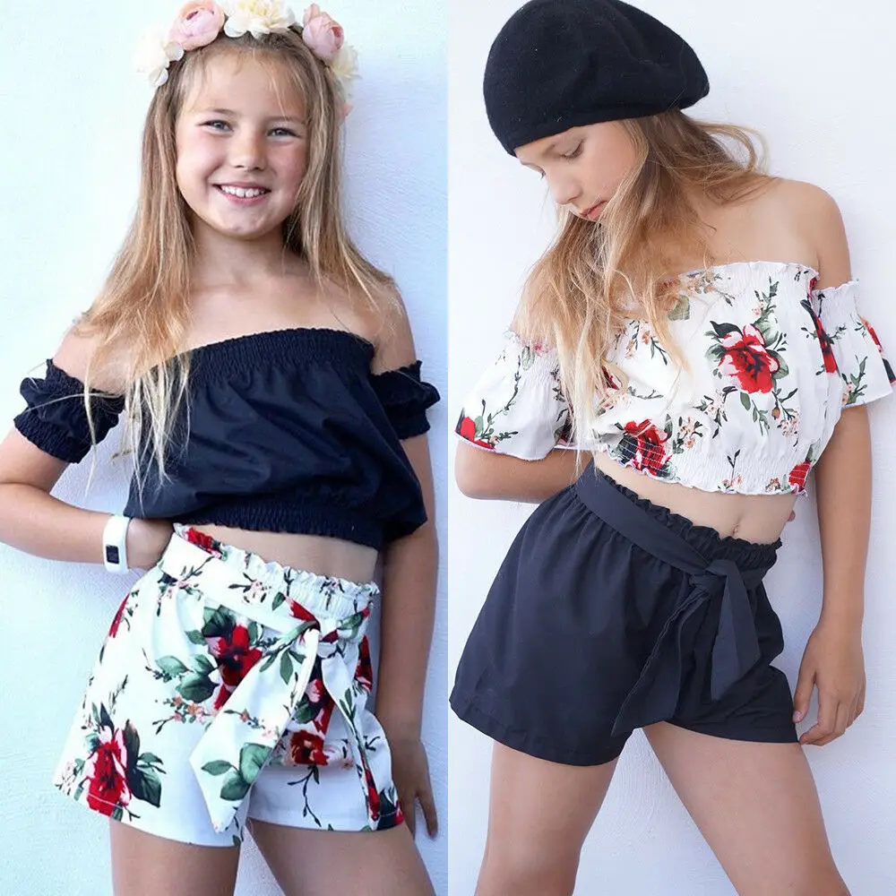 Fashion Summer Toddler Girls Clothes Flower Print Off Shoulder Crop Tops+ Bow Shorts 2pcs Infant Kids Child Outfits Sunsuit | Детская