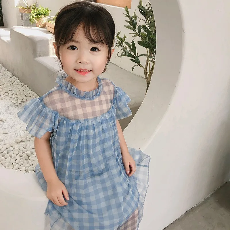 Tulle Dresses For Toddler Girls Ruffles Collar Baby Girl Dress Clothes Summer 2019 A Line Blue White Plaid Children Clothing | Детская