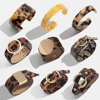 flatfoosie fashion za leopard bangle bracelets for women boho gold color button vintage leather bracelet christmas punk jewelry