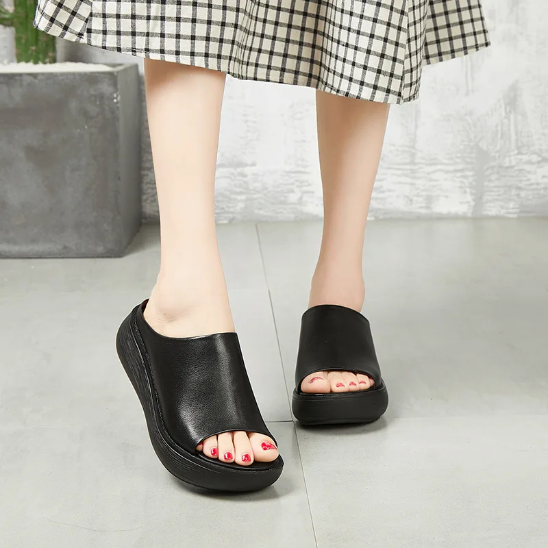 

SWONCO Slides Women Classic Natural Leather Woman Slippers Handmade Peep-Toe Ladies Retro Slippers 2019 Summer Female 2-in-1